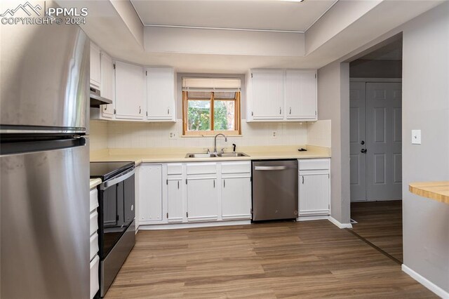 kitchen featuring stainless steel appliances, a raised ceiling, white cabinets, and sink