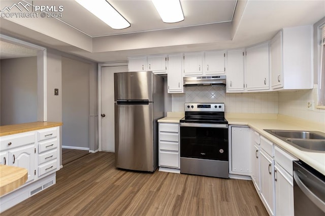 kitchen with a raised ceiling, white cabinetry, backsplash, and appliances with stainless steel finishes