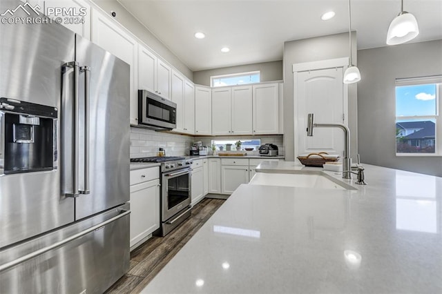 kitchen featuring tasteful backsplash, sink, high quality appliances, white cabinetry, and dark hardwood / wood-style flooring