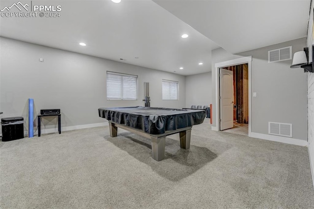 recreation room featuring carpet flooring and pool table