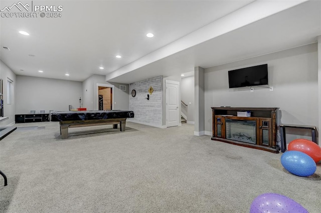 rec room with carpet flooring and billiards