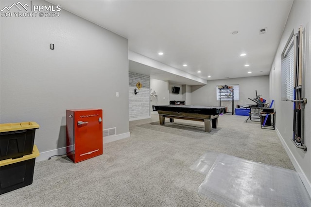 rec room featuring carpet floors and pool table