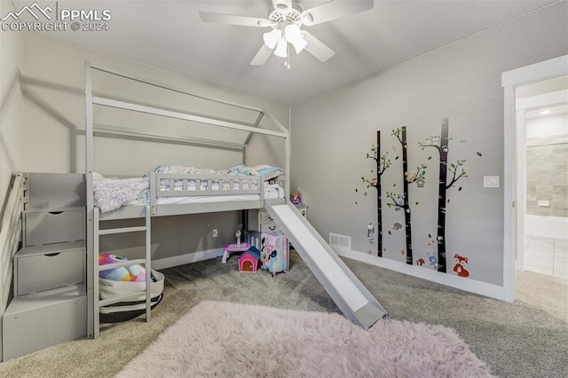 bedroom featuring carpet flooring and ceiling fan