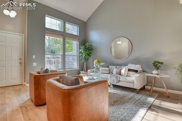 living room featuring light wood-type flooring and high vaulted ceiling