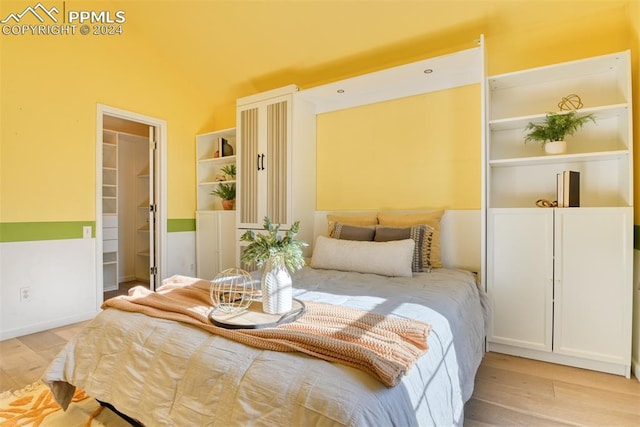 bedroom featuring a walk in closet, light hardwood / wood-style floors, and a closet