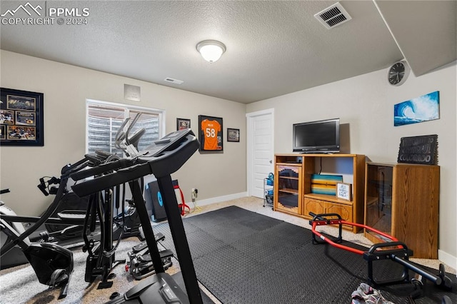 exercise room with carpet and a textured ceiling