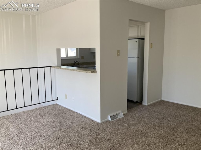 carpeted empty room featuring a textured ceiling