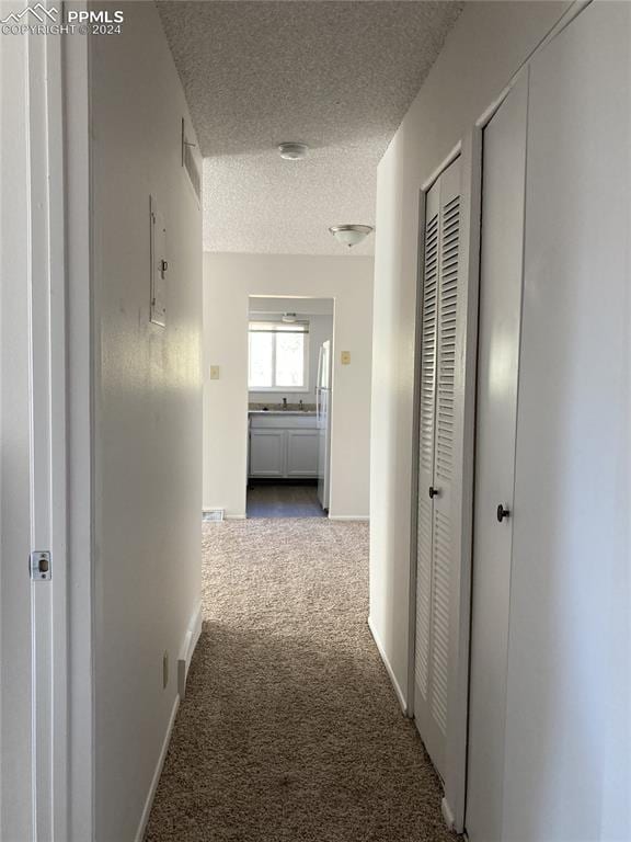 hall featuring carpet and a textured ceiling