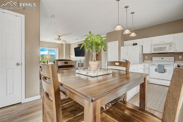 dining space featuring ceiling fan and light wood-type flooring