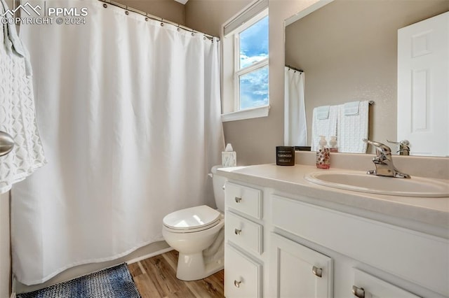 bathroom featuring hardwood / wood-style flooring, vanity, and toilet