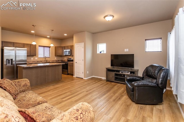 living room featuring light hardwood / wood-style floors and sink