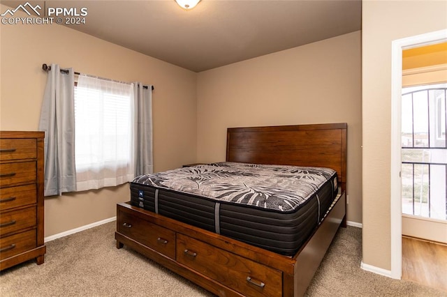 bedroom featuring light colored carpet and multiple windows