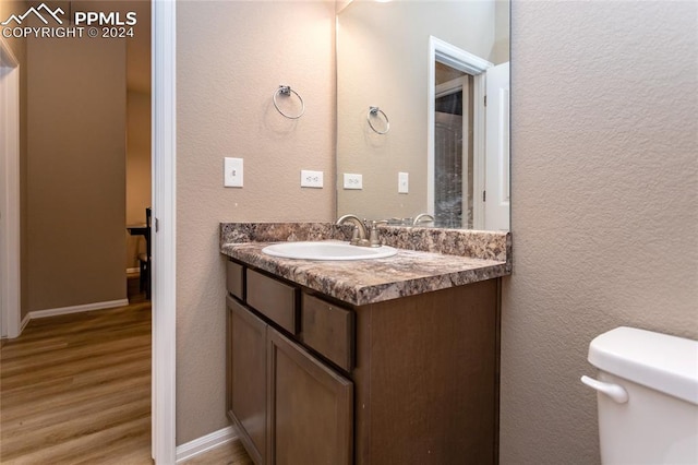 bathroom with vanity, toilet, and hardwood / wood-style flooring