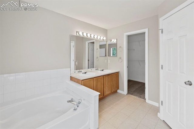 bathroom with double vanity, a spacious closet, a sink, baseboards, and a bath