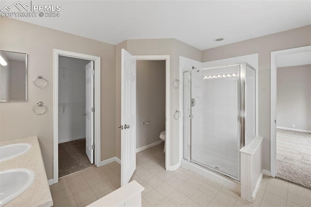 bathroom with toilet, a stall shower, and a sink