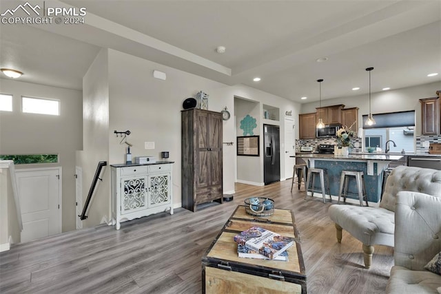 living room featuring sink and hardwood / wood-style floors