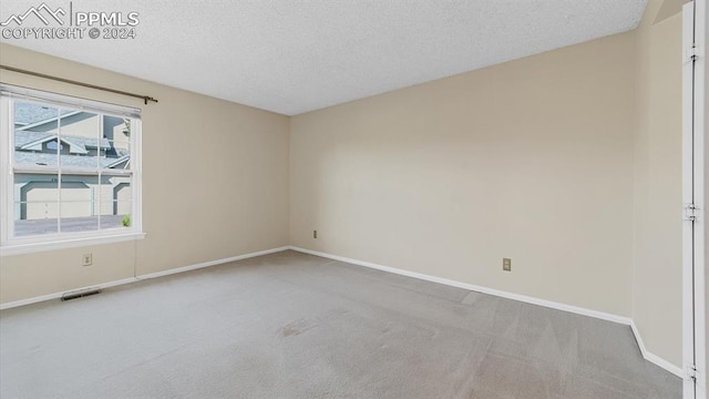 spare room featuring carpet and a textured ceiling