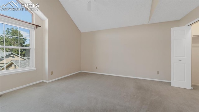 empty room with lofted ceiling and light colored carpet