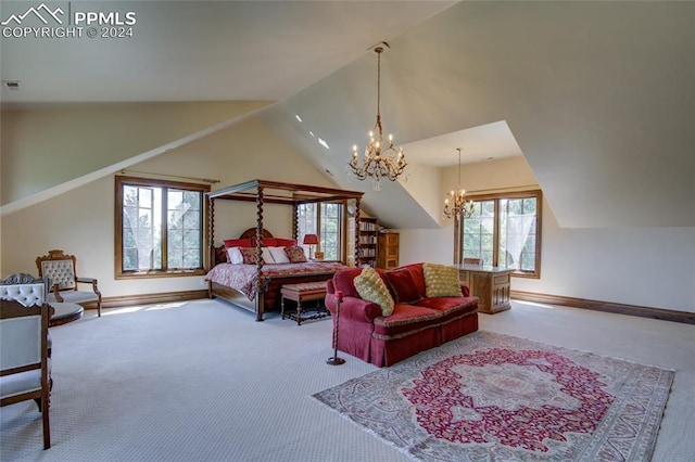 4950 Longwood Pt, Colorado Springs, CO 80906 - bedroom with lofted ceiling, carpet floors, baseboards, and a chandelier
