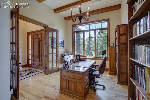4950 Longwood Pt, Colorado Springs, CO 80906 - office area with light wood-type flooring, a notable chandelier, baseboards, and beamed ceiling