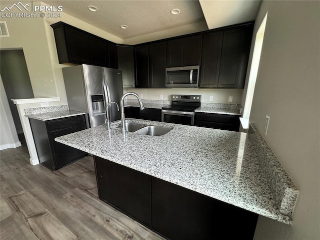 kitchen with light stone countertops, appliances with stainless steel finishes, sink, and light hardwood / wood-style floors