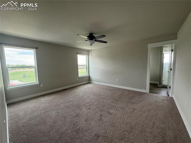 carpeted empty room with ceiling fan and plenty of natural light