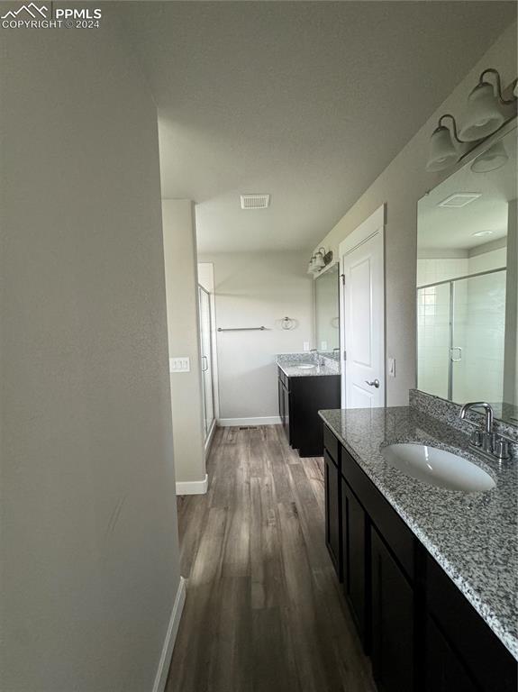 bathroom featuring walk in shower, vanity, and hardwood / wood-style floors