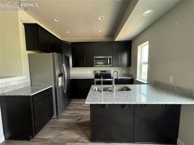 kitchen featuring light stone countertops, hardwood / wood-style floors, appliances with stainless steel finishes, and kitchen peninsula