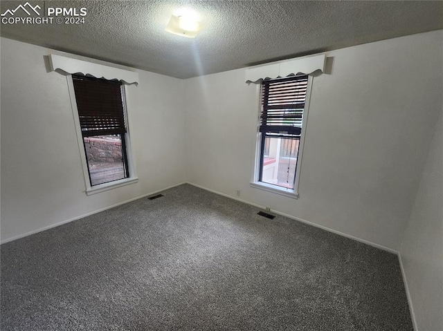 carpeted empty room with a textured ceiling