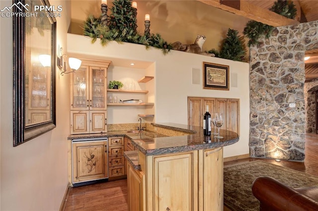 bar with a sink, indoor wet bar, wood finished floors, and baseboards