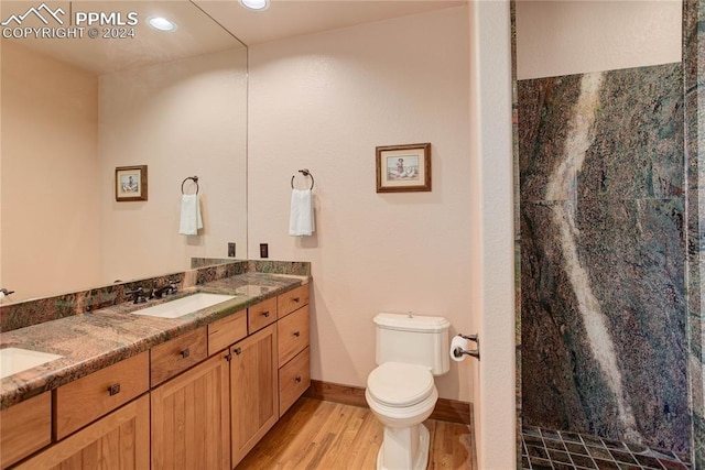 bathroom featuring toilet, wood finished floors, a sink, double vanity, and a stall shower