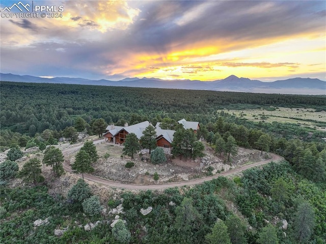 aerial view at dusk featuring a forest view and a mountain view