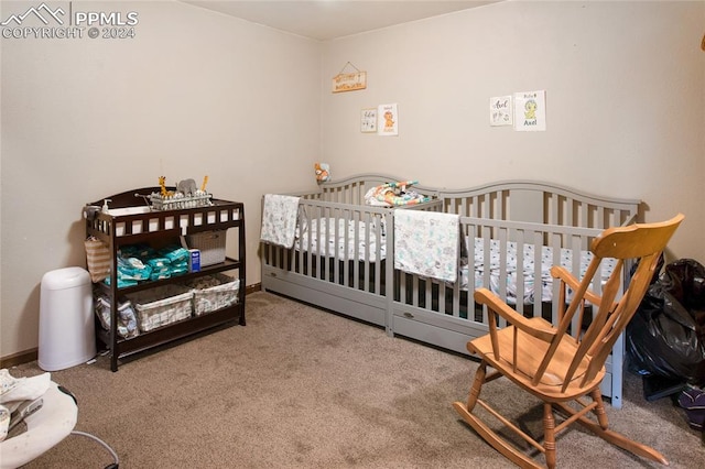 bedroom with a nursery area and carpet floors