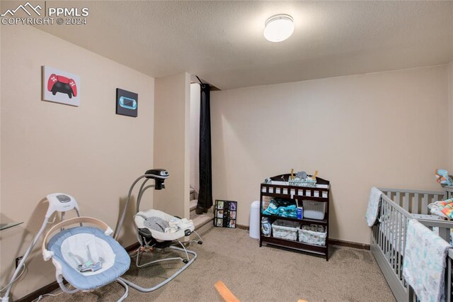 interior space featuring a textured ceiling and light carpet