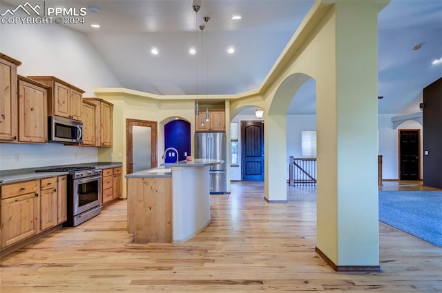 kitchen with appliances with stainless steel finishes, light hardwood / wood-style flooring, a kitchen island with sink, and high vaulted ceiling