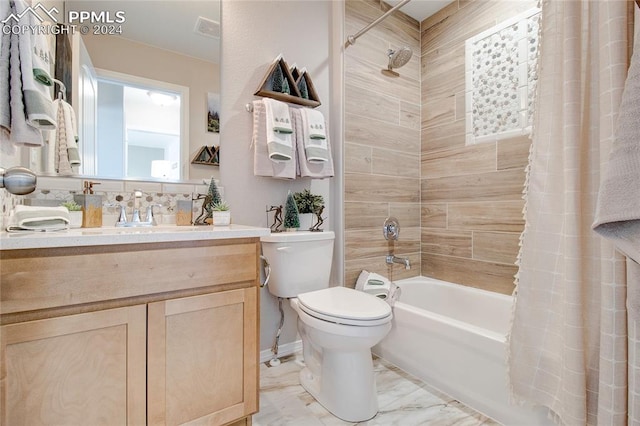 full bath with toilet, visible vents, vanity, marble finish floor, and shower / bathtub combination with curtain