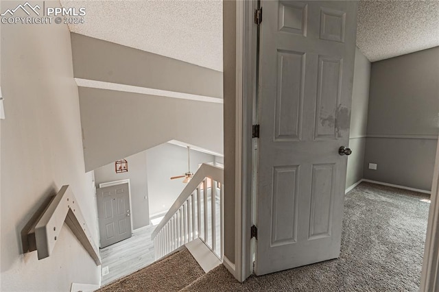 stairs with carpet, ceiling fan, and a textured ceiling