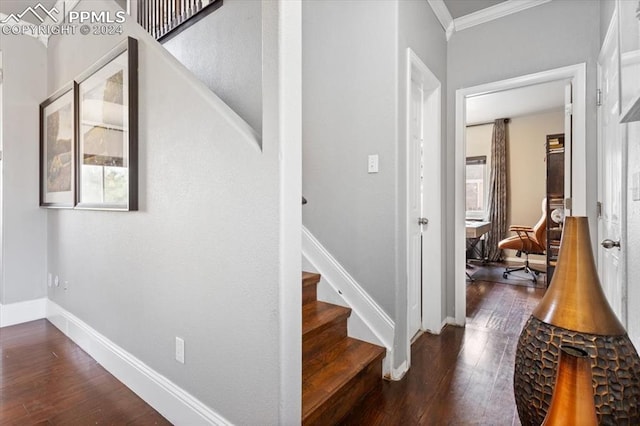 7848 Chasewood Loop, Colorado Springs, CO 80908 - stairs with ornamental molding, hardwood / wood-style flooring, and baseboards