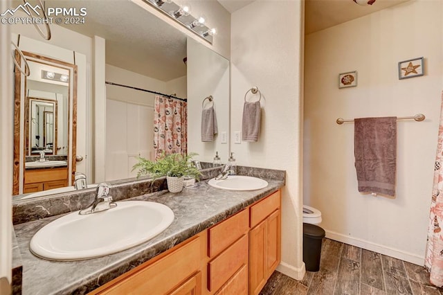 bathroom featuring vanity, walk in shower, and toilet