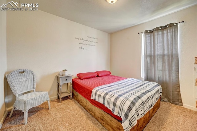 bedroom featuring light carpet