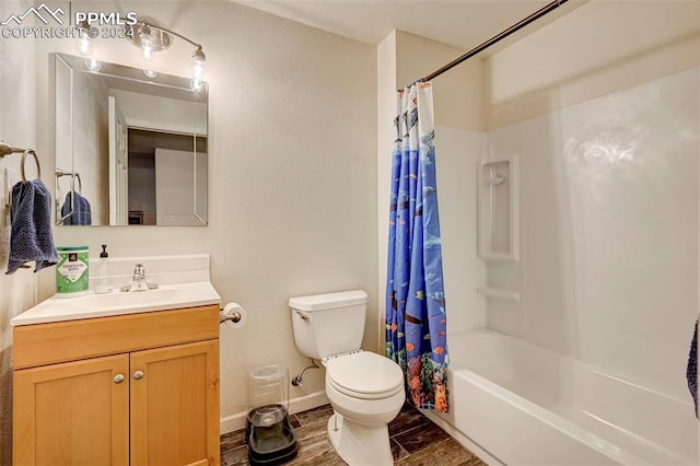 full bathroom with vanity, toilet, and shower / bathtub combination with curtain