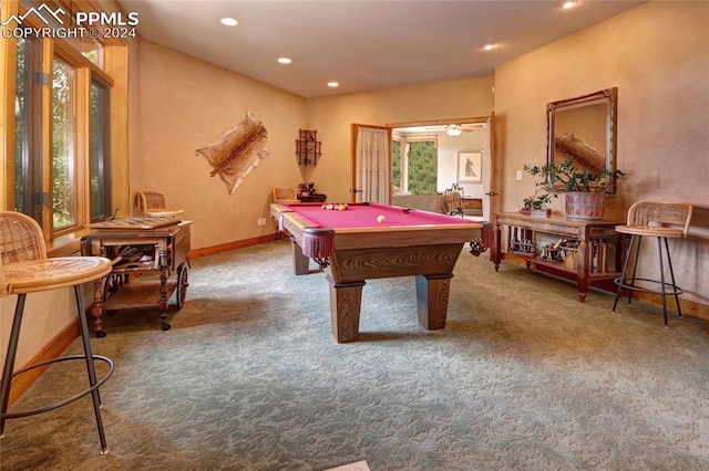 game room featuring carpet flooring, ceiling fan, and billiards