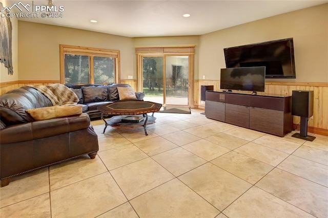 tiled living room with wooden walls