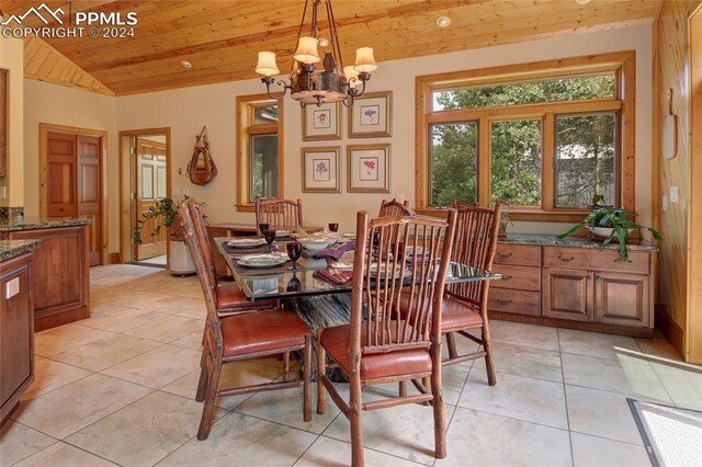 dining space with light tile patterned floors, wood ceiling, vaulted ceiling, and a notable chandelier