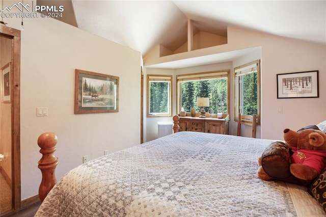 bedroom featuring wood-type flooring and vaulted ceiling