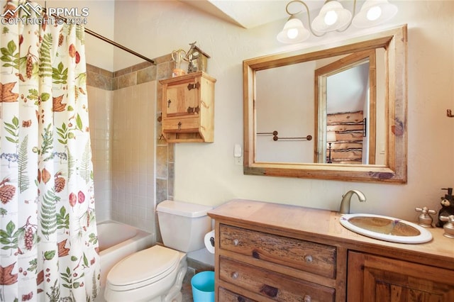 full bathroom featuring shower / bath combo, toilet, and vanity