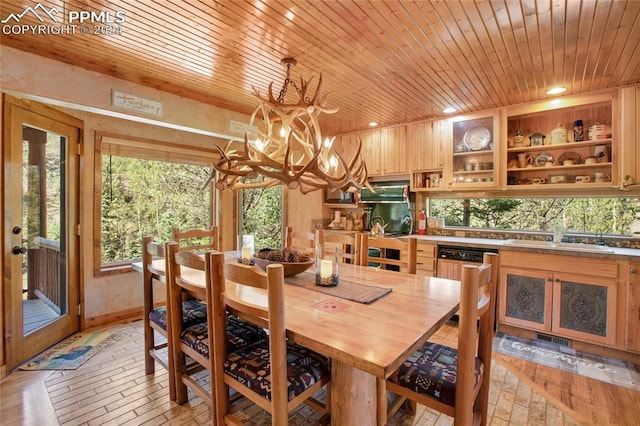 dining area featuring a chandelier, light hardwood / wood-style flooring, sink, and wooden ceiling