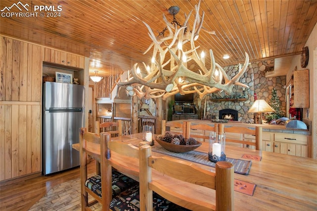 dining room featuring a fireplace, wooden ceiling, wooden walls, and wood-type flooring