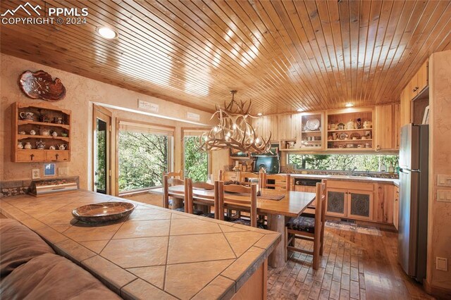 interior space featuring wood ceiling, sink, a chandelier, and dark hardwood / wood-style flooring