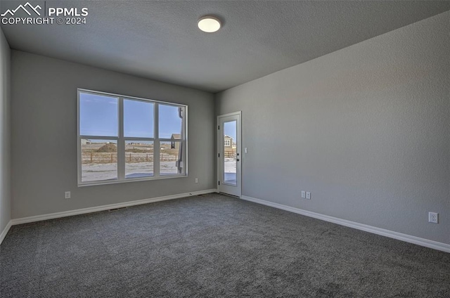 carpeted empty room with a textured ceiling